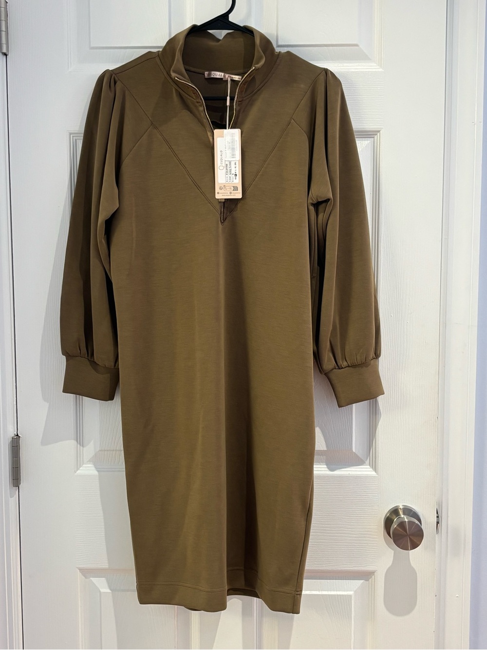 ESQUALO Olive Green Long-Sleeve Puff Shoulder Dress